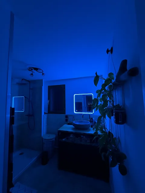 Salle de bains plongée dans une lumière bleue